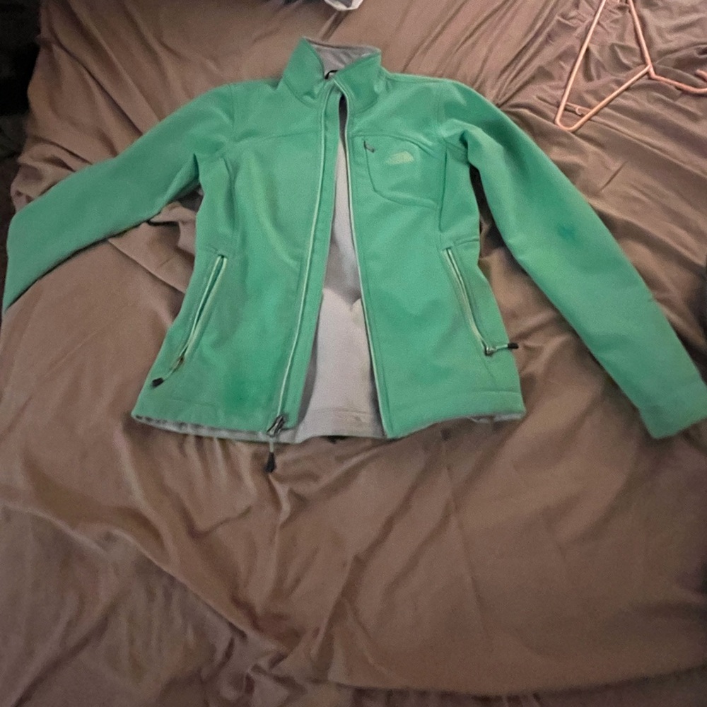 Neon green north face zip up winter coat